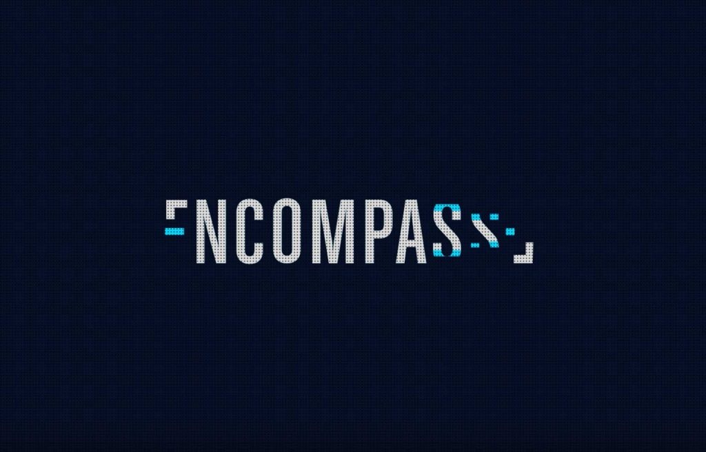 The Encompass logo: white condensed capitals on dark navy, with blue strokes completing the first and last letters
