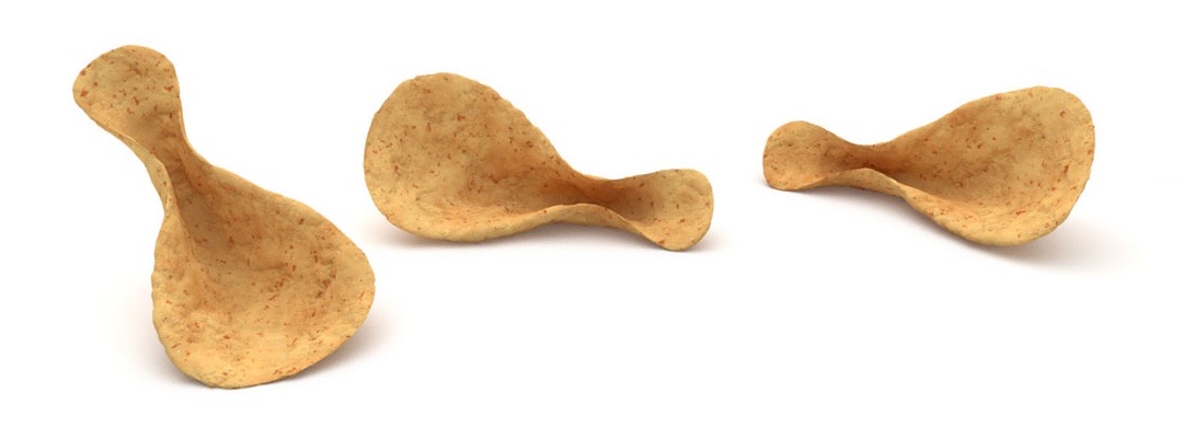 Three curled chips in 3D, each at a different angle
