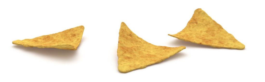 Three triangles chips in 3D, each at a different angle