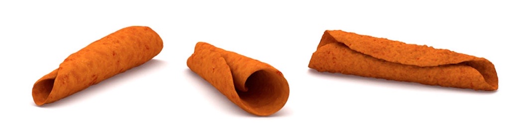 Three rolls chips in 3D, each at a different angle