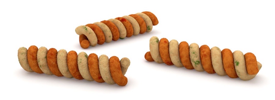 Three twists chips in 3D, each at a different angle