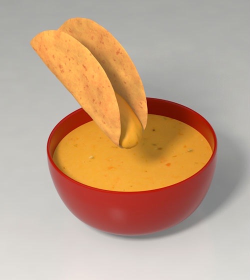 A shell-shaped chip in 3D, dipped into a red bowl of cheese sauce