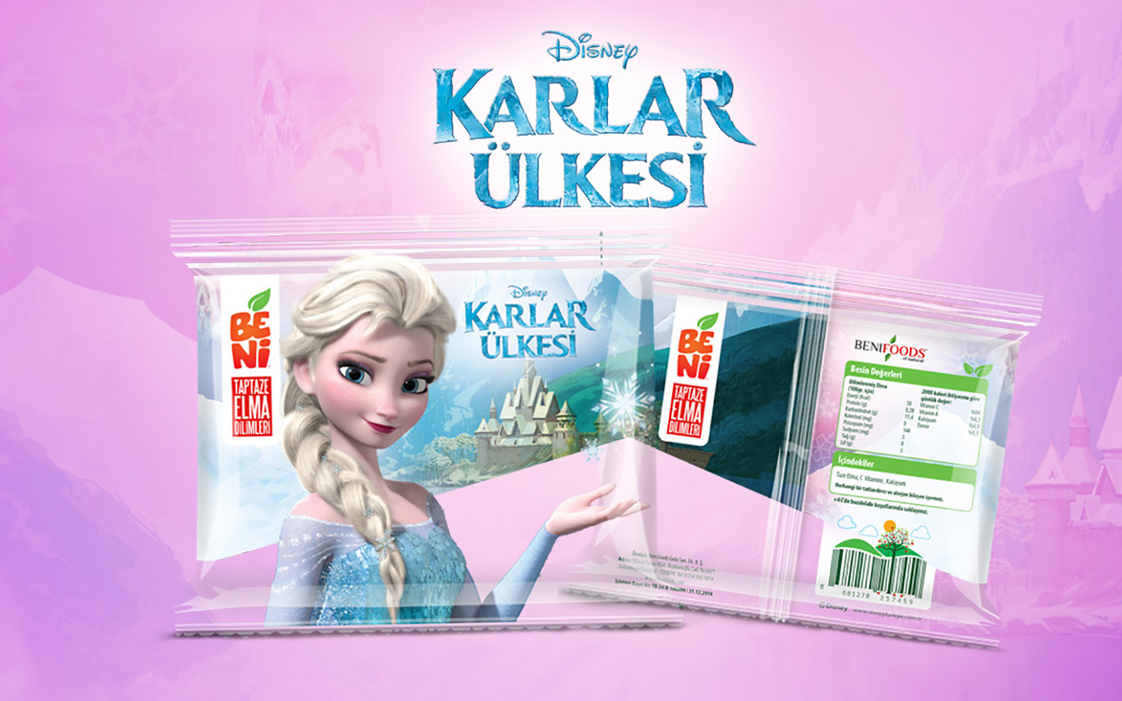 The Beni Frozen edition: Elsa on the front of a clear pack of apple slices