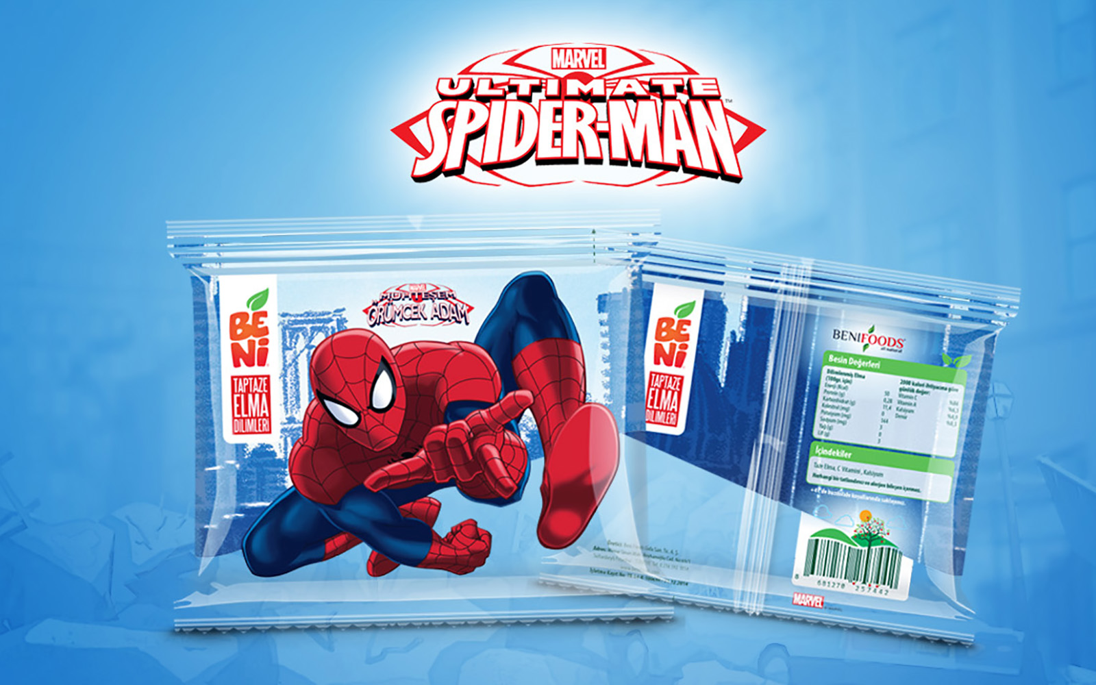 The Beni Ultimate Spider-Man edition: Spider-Man crouching across the front of a clear pack