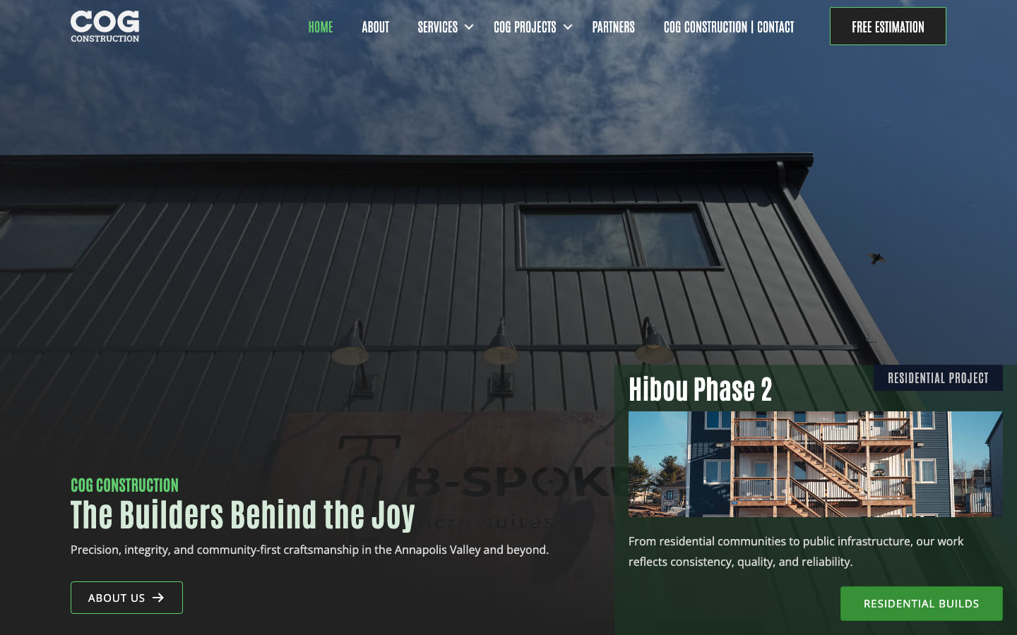 The COG Construction home page: the headline The Builders Behind the Joy over a site photograph