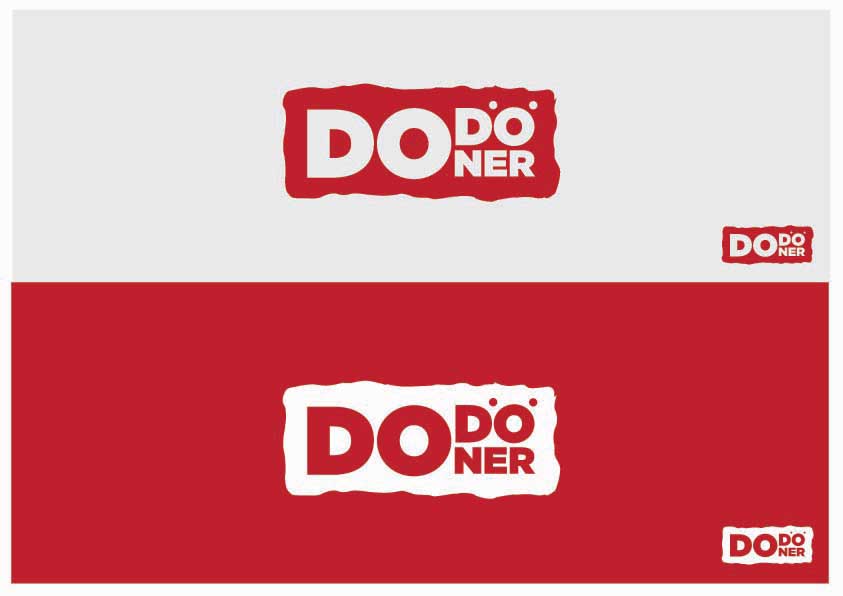 Dodoner horizontal lockup shown positive on light grey and reversed out of the brand red, with small scale versions beside each