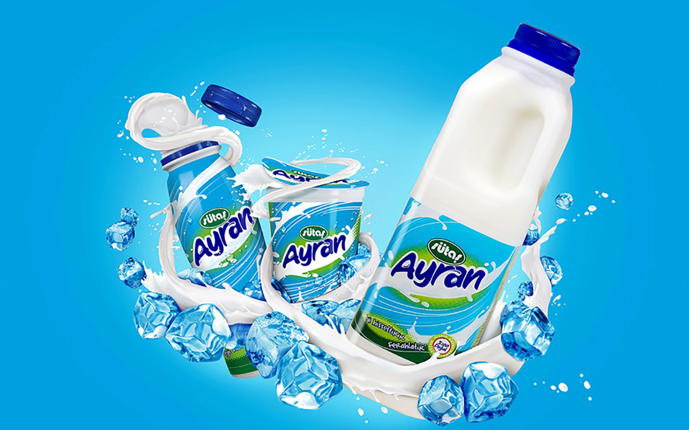 Sütaş Ayran packaging range in a splash of ayran and ice