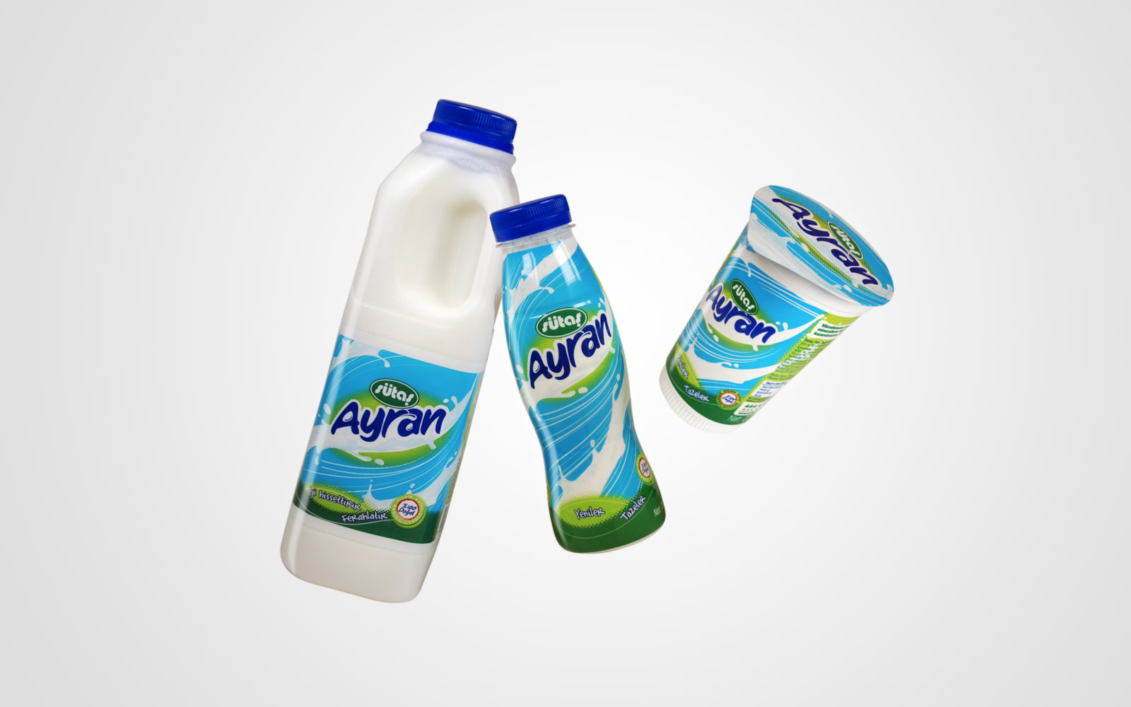Sütaş Ayran jug, bottle and cup in the new packaging colours