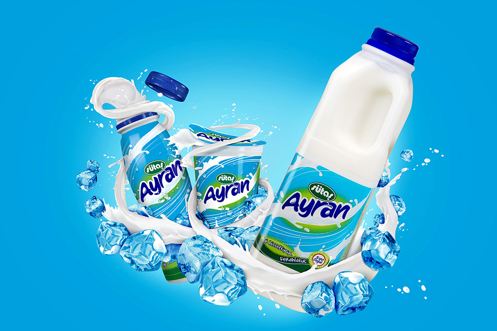 Sütaş Ayran packaging range: bottle, cup and jug formats